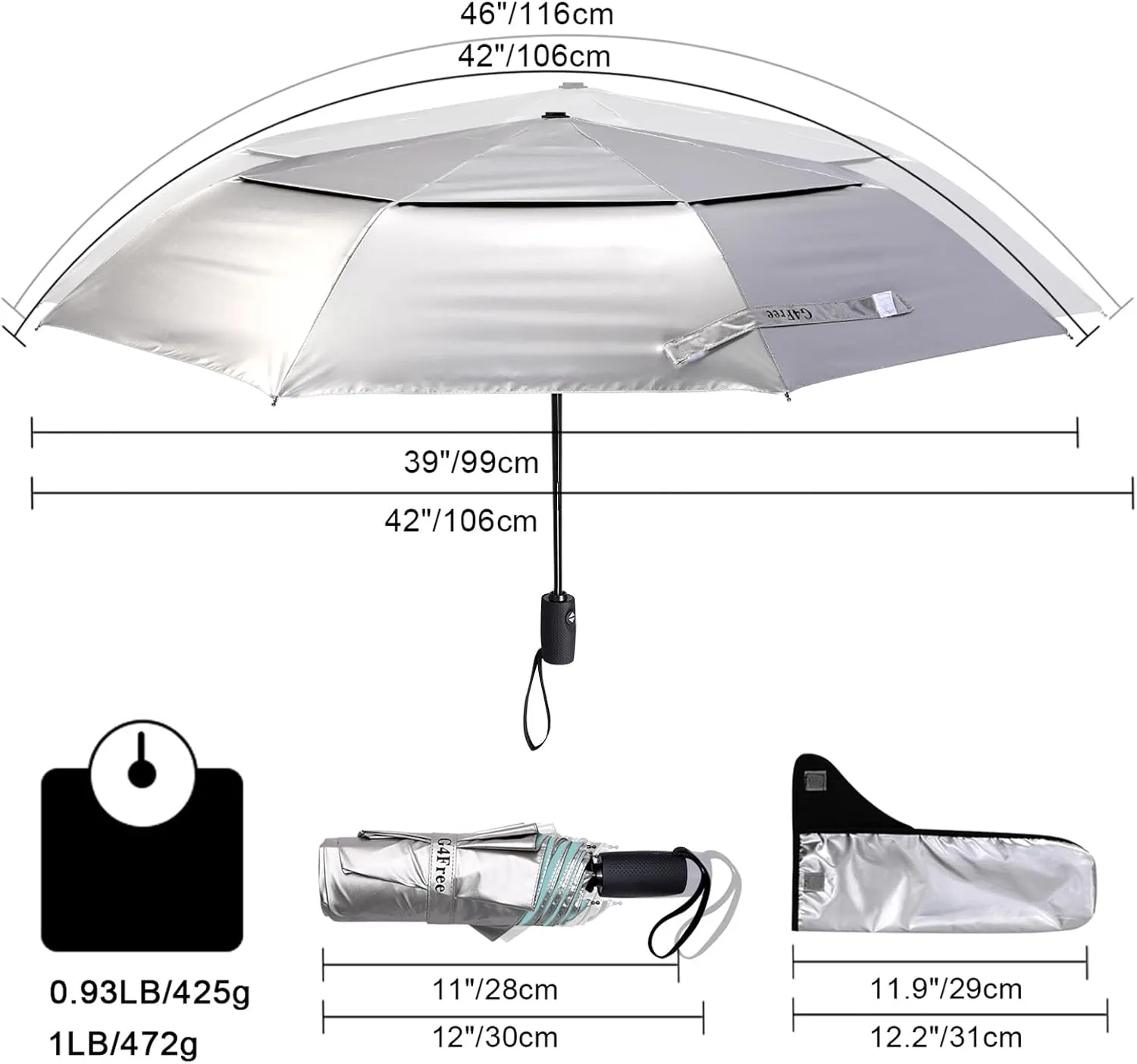 G4Free UPF 50  UV Protection Travel Umbrella 42/46 Inch Windproof Silver Coating Sun Blocking Umbrella