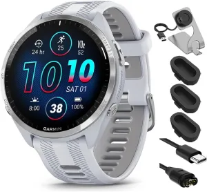 Garmin 010-02809-01 Forerunner 965 Running Smartwatch Whitestone and Powder Gray Bundle with Deco Essentials Charging Dock, Silicone Dust Cover 3 Pack and USB Type C Charging and Sync Cable