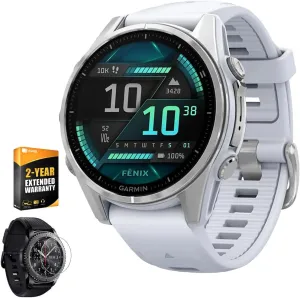 Garmin 010-02903-00 Fenix 8 43 mm, AMOLED, Silver with Whitestone Silicone Band Bundle with 2 YR CPS Enhanced Protection Pack & Round Tempered Glass Screen Protector
