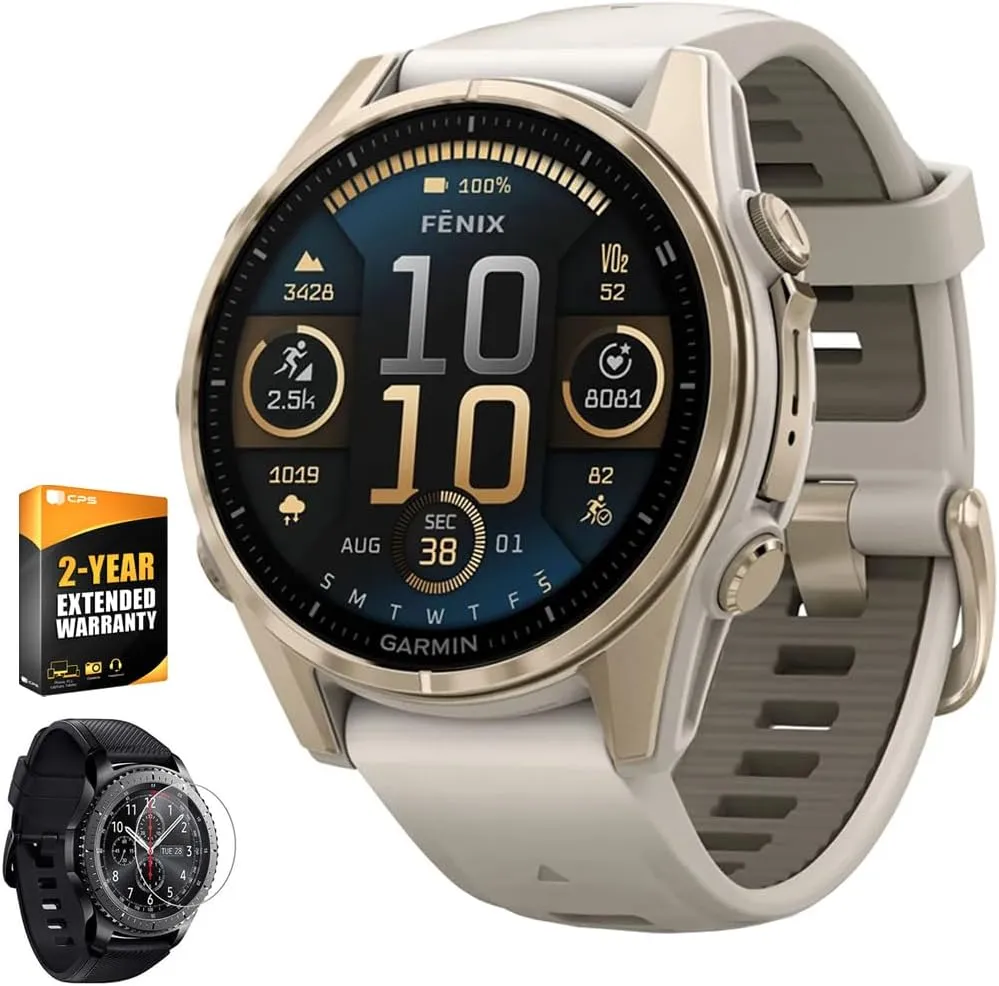 Garmin 010-02903-10 Fenix 8 43 mm, AMOLED, Sapphire, Soft Gold with Fog Gray Sandstone Silicone Band Bundle with 2 YR CPS Enhanced Protection Pack & Round Tempered Glass Screen Protector