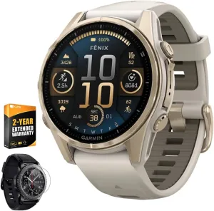 Garmin 010-02903-10 Fenix 8 43 mm, AMOLED, Sapphire, Soft Gold with Fog Gray Sandstone Silicone Band Bundle with 2 YR CPS Enhanced Protection Pack & Round Tempered Glass Screen Protector