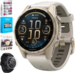 Garmin 010-02903-10 Fenix 8 43 mm, AMOLED, Sapphire, Soft Gold with Fog Gray Sandstone Silicone Band Bundle with Tech Smart USA Fitness & Wellness Suite   Round Tempered Glass Screen Protector