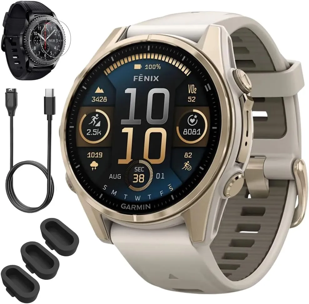 Garmin 010-02903-10 Fenix 8 43mm GPS Smartwatch, Sapphire, Soft Gold with Fog Gray Sandstone Silicone Band Bundle with Screen Protector, 3X Silicone Dust Cover and USB Type C Charging and Sync Cable