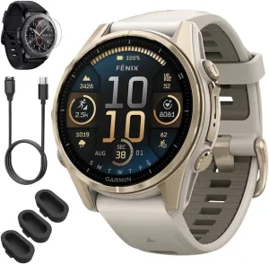Garmin 010-02903-10 Fenix 8 43mm GPS Smartwatch, Sapphire, Soft Gold with Fog Gray Sandstone Silicone Band Bundle with Screen Protector, 3X Silicone Dust Cover and USB Type C Charging and Sync Cable