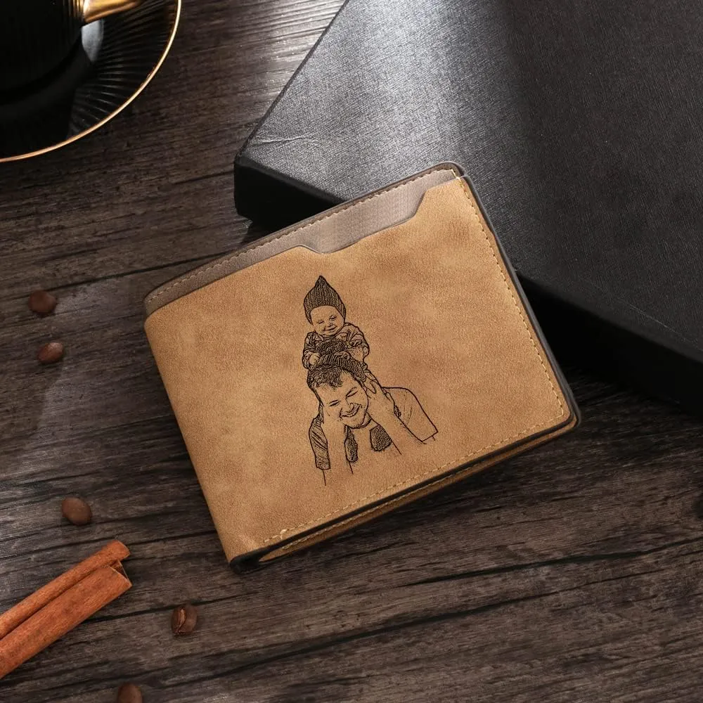 Gemszoo Gifts for Dad Personalized Photo Initial Name Wallet Custom Picture Wallet for Men Husband Grandpa (Khaki)