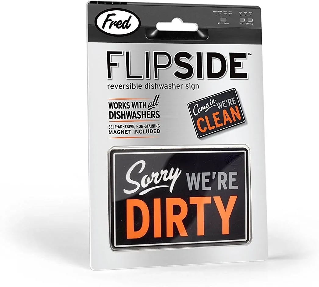Genuine Fred FLIPSIDE Dishwasher Sign, Double-Sided, Works on all ALL Dishwashers, Self-Adhesive Magnet Included, Durable & Water Resistant, Fun Kitchen Gadget for Families and Roommates, 2.5" x 3.5"