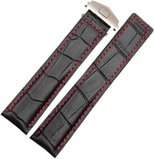 Genuine Leather Bracelet 19mm 20mm 22m for Tag Heuer Watchband Men Wristwatches Band Accessories Fold Buckle Leather Watch Strap (Color : Black red Silver, Size : 20mm)