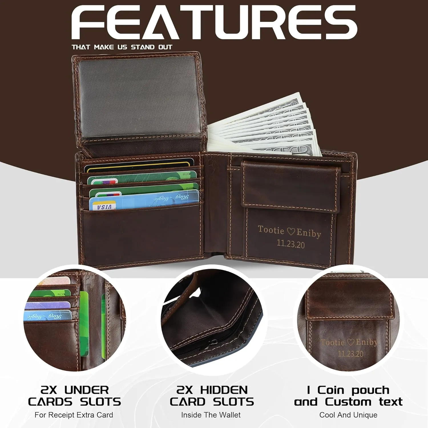 Genuine Leather Wallet Set for Men - Personalized Father's Day Wallet Gift Basket for Dad Husband Him Men - Custom Initial Monogram Name Engraved Wallet Keychain Gift Box for Mens Step Dad