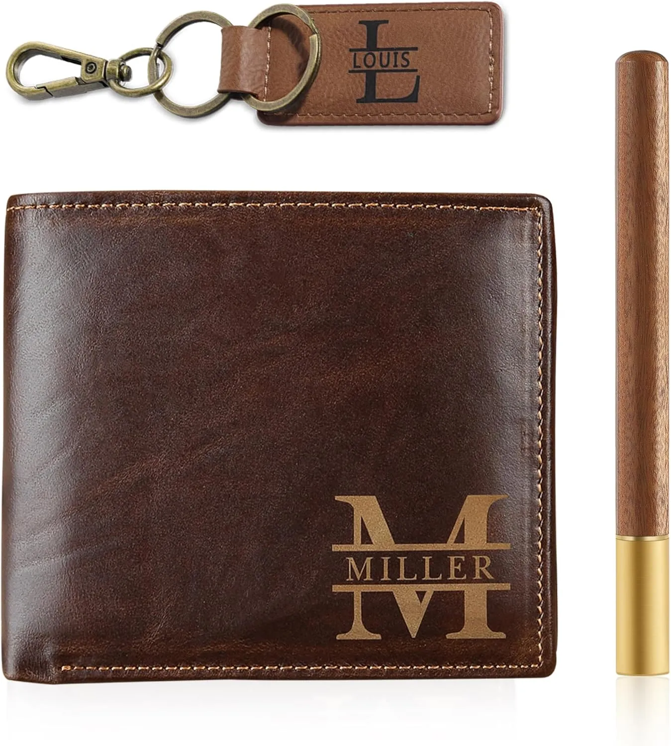 Genuine Leather Wallet Set for Men - Personalized Father's Day Wallet Gift Basket for Dad Husband Him Men - Custom Initial Monogram Name Engraved Wallet Keychain Gift Box for Mens Step Dad