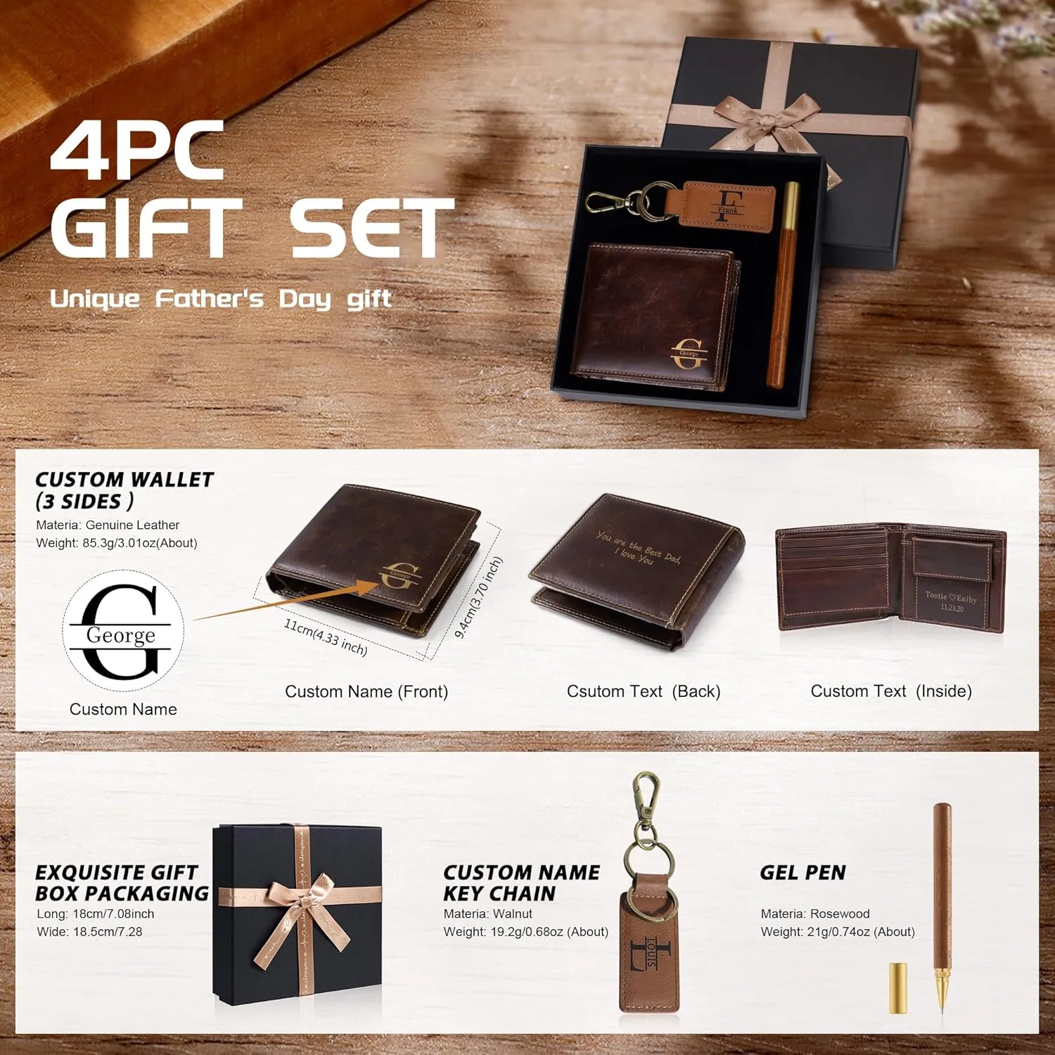 Genuine Leather Wallet Set for Men - Personalized Father's Day Wallet Gift Basket for Dad Husband Him Men - Custom Initial Monogram Name Engraved Wallet Keychain Gift Box for Mens Step Dad