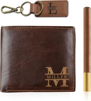 Genuine Leather Wallet Set for Men - Personalized Father's Day Wallet Gift Basket for Dad Husband Him Men - Custom Initial Monogram Name Engraved Wallet Keychain Gift Box for Mens Step Dad