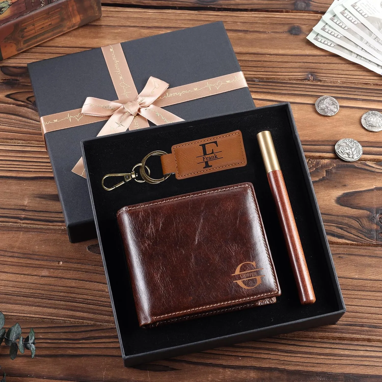 Genuine Leather Wallet Set for Men - Personalized Father's Day Wallet Gift Basket for Dad Husband Him Men - Custom Initial Monogram Name Engraved Wallet Keychain Gift Box for Mens Step Dad