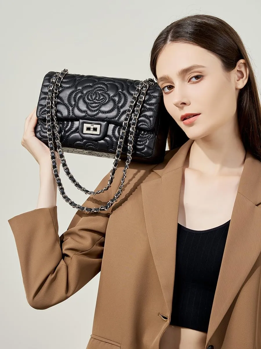 Genuine Leather Women's Bag Camellia Shoulder Bag Chain Sheepskin Purse Handbag