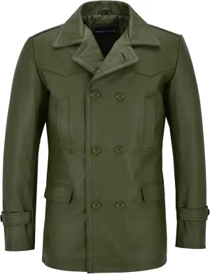German Pea Coat Men Classic Reefer Military Style Cowhide Leather Jacket DR-Who