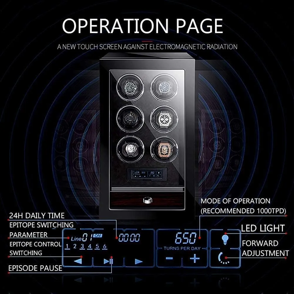 GeRRiT Automatic Watch Winder Box for 6 Watches, Touch LCD Screen and Remote Control,5 Rotation Modes Built-in LED LightHoliday