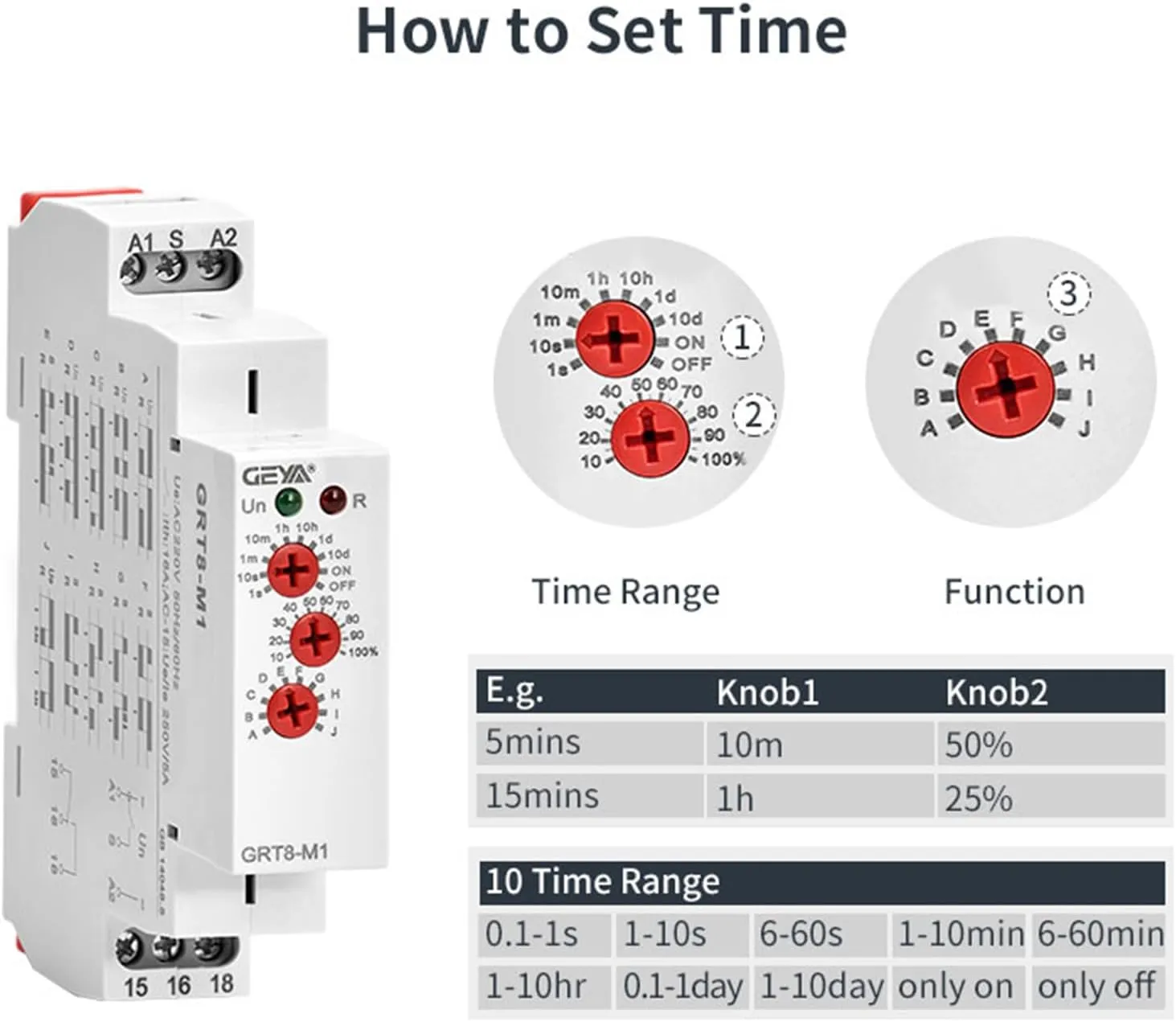 GEYA 16A Multifunction Time Relay 10 Function Choices AC/DC12V-240V 2 Outputs Control Relay(GRT8-M2,AC/DC12V-240V)