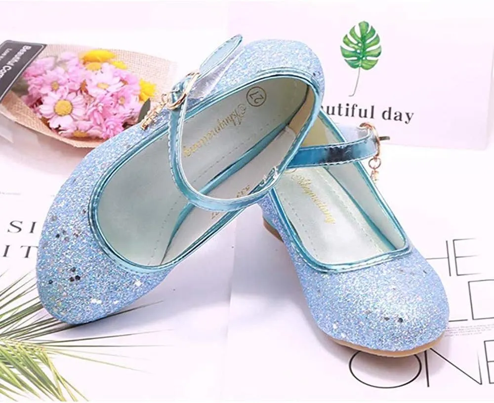 Girls Low Heel Flower Princess Dress Shoes High Heel Mary Jane Sequin Glitter Shoes for Wedding Party for Toddler Little Big Girl