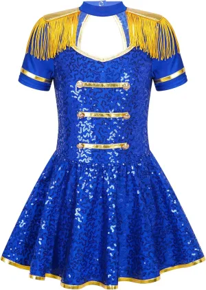 Girls Majorette Costume Shiny Sequin Marching Band Uniform Carnival Party Performance Leotard Dress