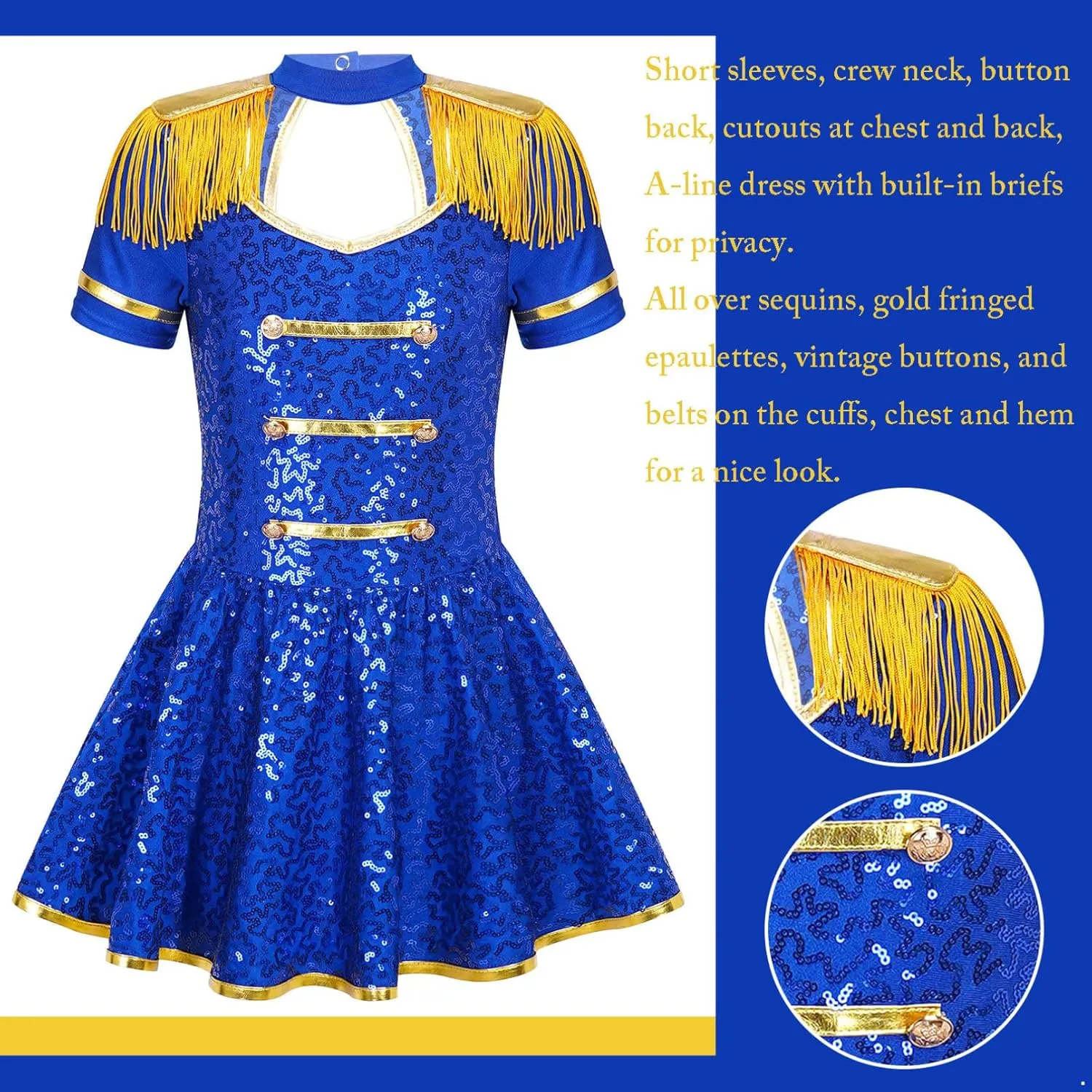 Girls Majorette Costume Shiny Sequin Marching Band Uniform Carnival Party Performance Leotard Dress