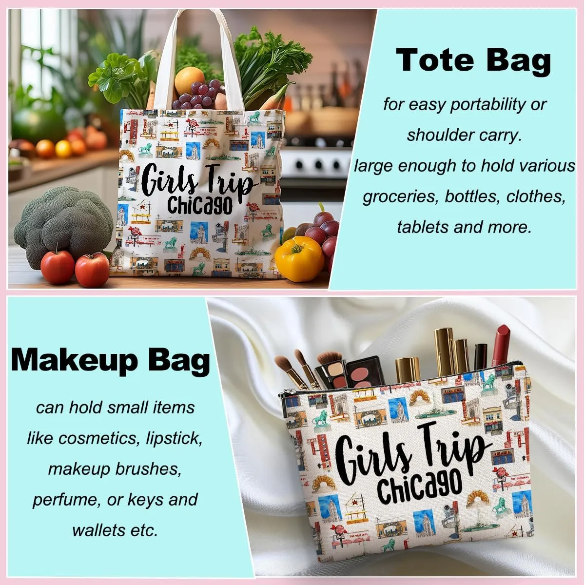Girls Trip Weekend Chicago Italy Las Vegas Los Angeles Nashville New York Paris Travel Gifts Tote Bag Makeup Bag