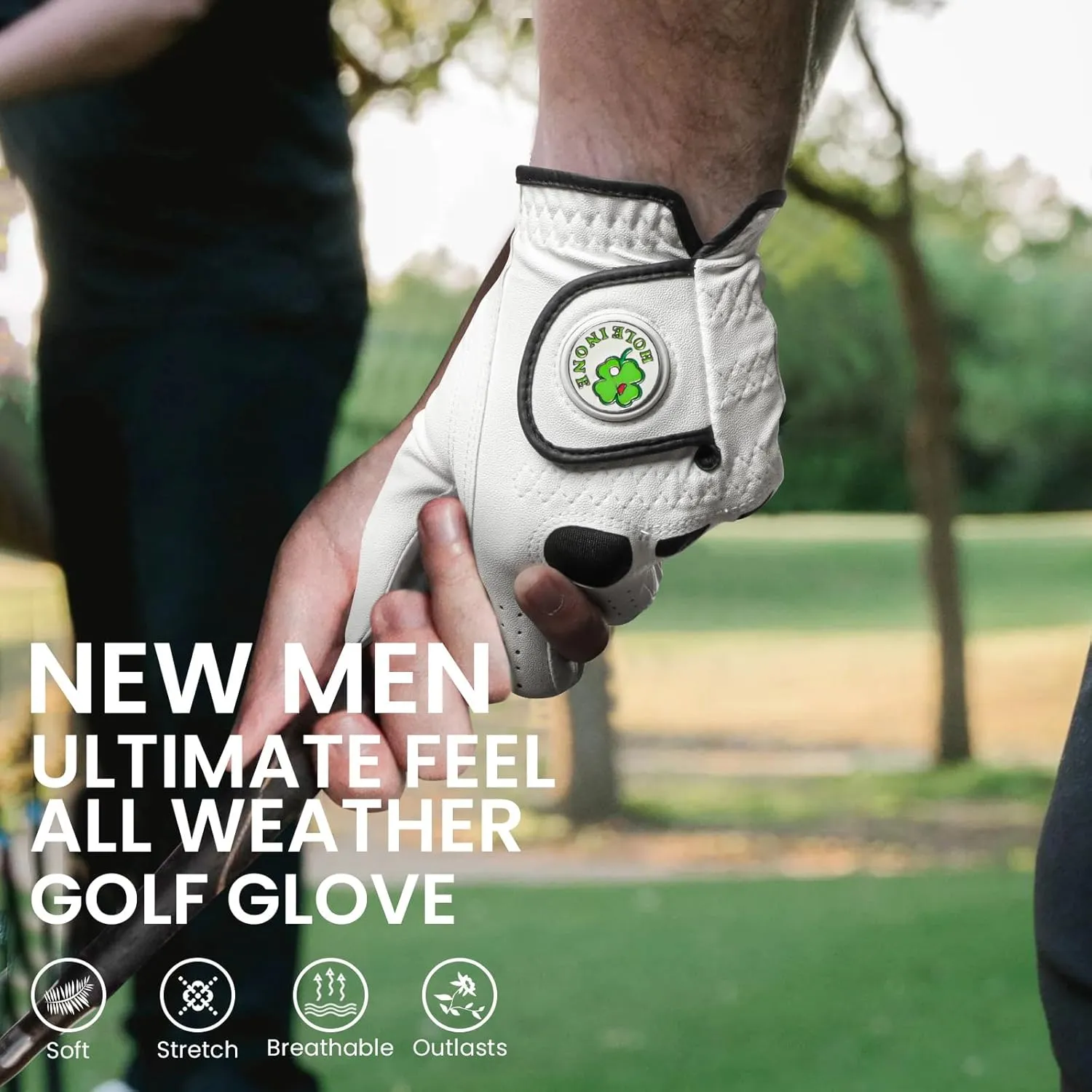 Golf Gloves Men Leather Value 1 Pair with 2 Ball Marker 10 Golf Plastic Tees, Men's Golf Gloves All Weather Grip Soft Comfortable Set for Left Right Handed Golfer