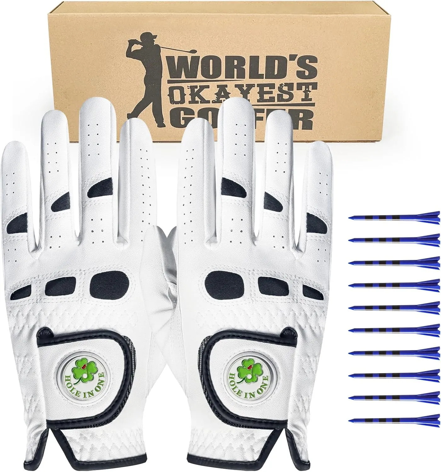 Golf Gloves Men Leather Value 1 Pair with 2 Ball Marker 10 Golf Plastic Tees, Men's Golf Gloves All Weather Grip Soft Comfortable Set for Left Right Handed Golfer