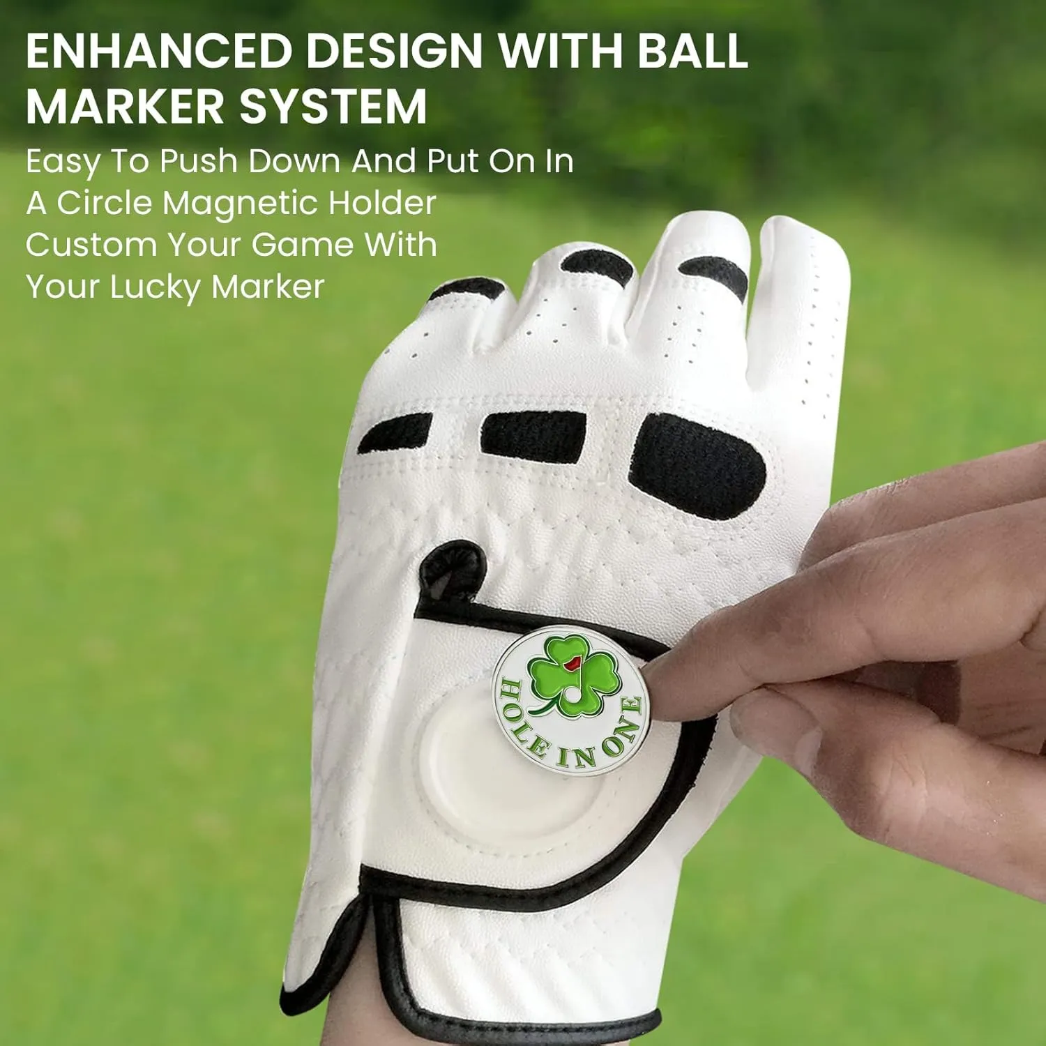Golf Gloves Men Leather Value 1 Pair with 2 Ball Marker 10 Golf Plastic Tees, Men's Golf Gloves All Weather Grip Soft Comfortable Set for Left Right Handed Golfer