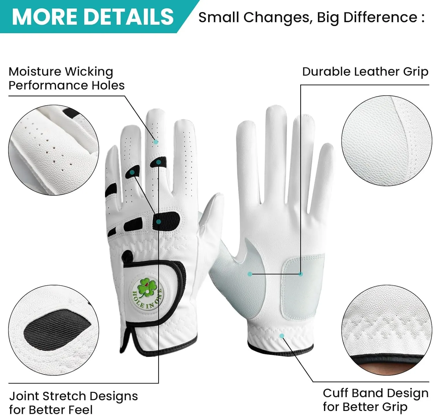 Golf Gloves Men Leather Value 1 Pair with 2 Ball Marker 10 Golf Plastic Tees, Men's Golf Gloves All Weather Grip Soft Comfortable Set for Left Right Handed Golfer