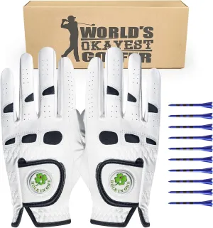 Golf Gloves Men Leather Value 1 Pair with 2 Ball Marker 10 Golf Plastic Tees, Men's Golf Gloves All Weather Grip Soft Comfortable Set for Left Right Handed Golfer