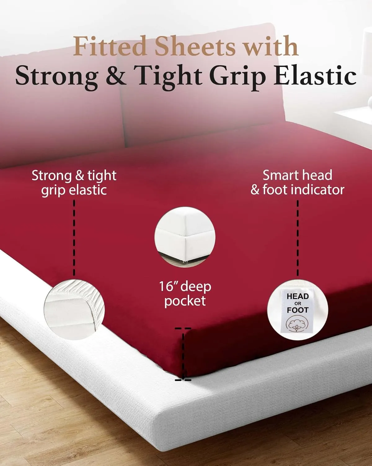 Good Sleep Bedding Hotel Style Queen Fitted Sheet Only Deep Pocket 16 Inch, Soft & Breathable 800 TC 100% Egyptian Cotton Fitted Bed Sheets Queen Size - Burgundy Red Fitted Sheet