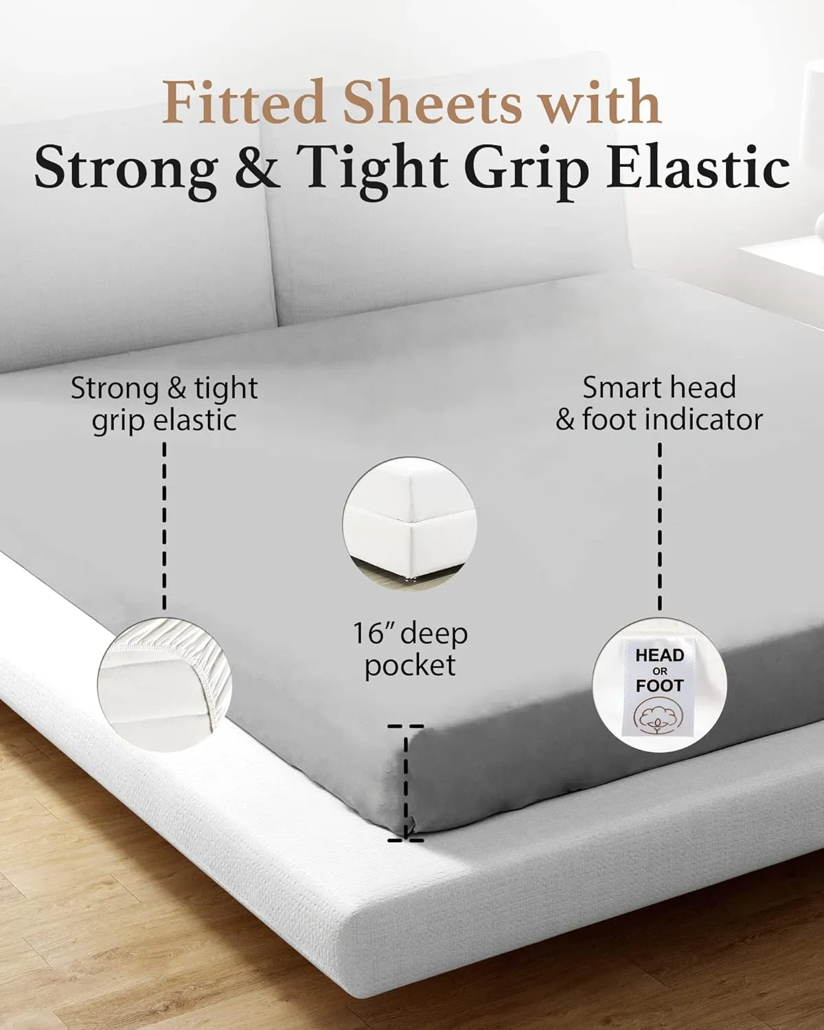 Good Sleep Bedding Queen Fitted Sheet - 100% Egyptian Cotton, 800 TC Soft & Breathable, Luxury Deep Pocket 16" - Light Grey