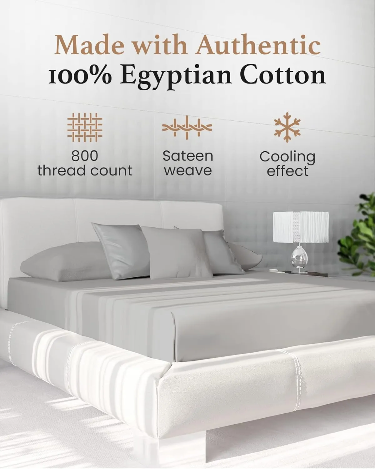 Good Sleep Bedding Queen Fitted Sheet - 100% Egyptian Cotton, 800 TC Soft & Breathable, Luxury Deep Pocket 16" - Light Grey