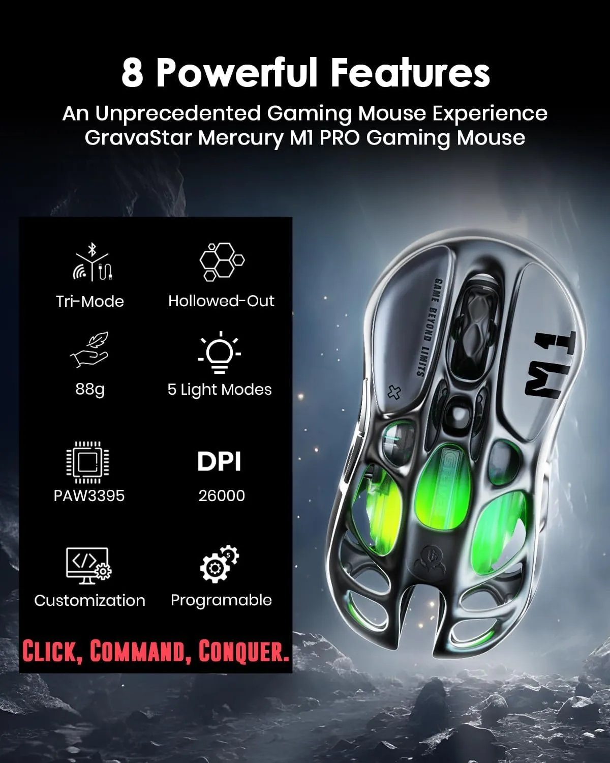GravaStar Wireless Gaming Mice Mercury M1 Pro, Lightweight Magnesium Alloy Gaming Mouse, 26,000 DPI, PAW3395DM Sensor, Tri Mode Connection, Support 4K, Up to 200 Hours Battery Life