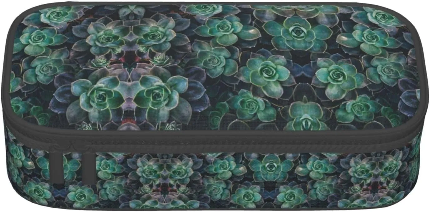Green Succulent Print Large Capacity Compartments Pencil Case Pencil Pouch Bag Travel Toiletry Organizer Bag