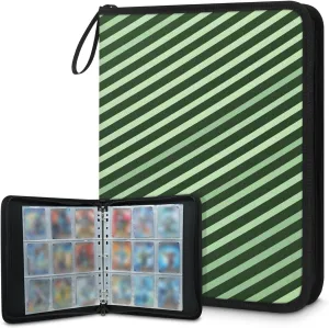 Green Twill 3 Ring Trading Zipper Binder Strap, Trading Card Binder 4 Pocket, 400 Pockets Card Holder with 50 Removable Sleeves for Game Cards