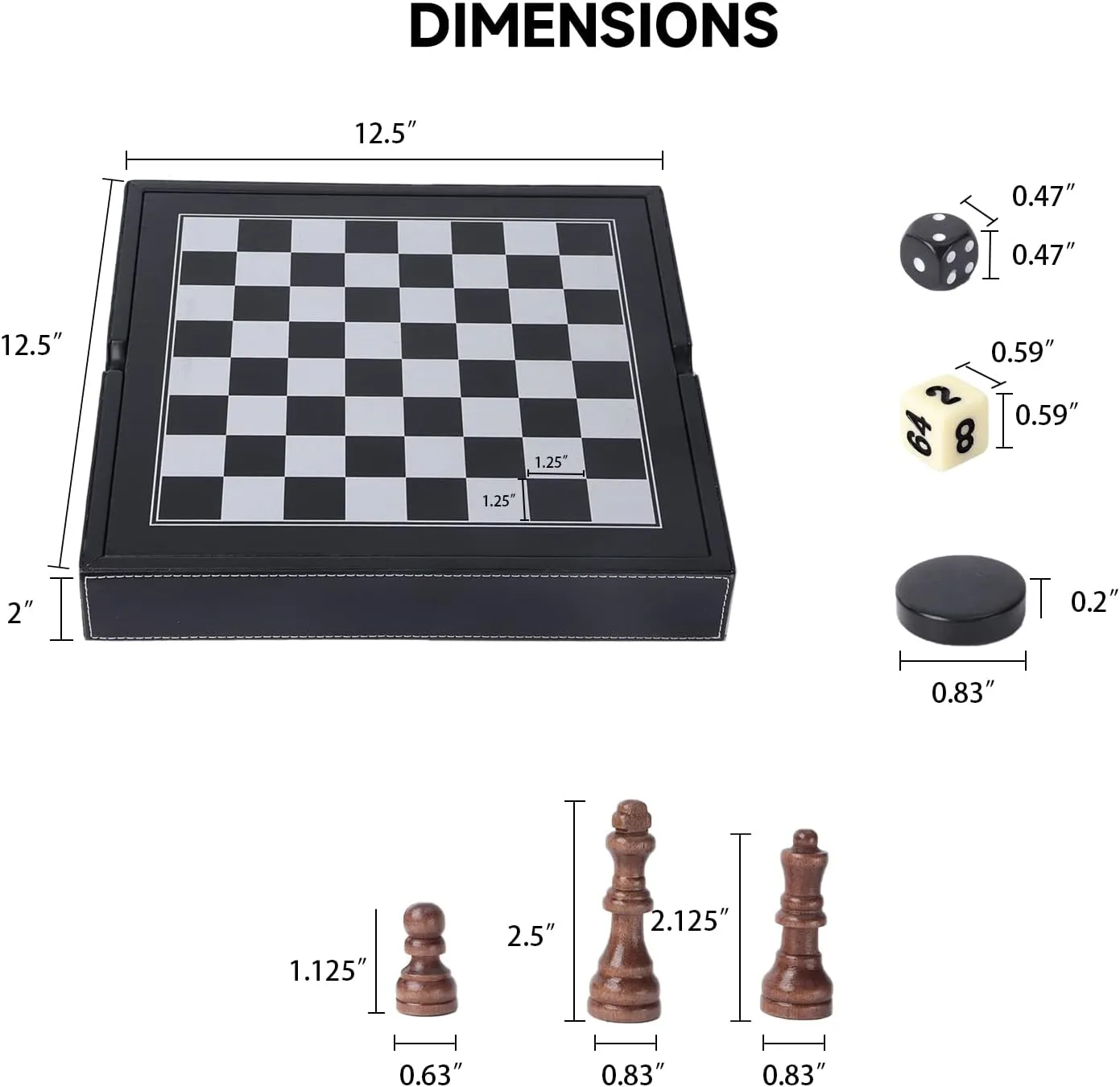 GSE Games & Sports Expert 12.5" Premium Leather 3-in-1 Chess, Checker and Backgammon Board Game Combo Set, Classic Board Strategy Game for Kids & Adults