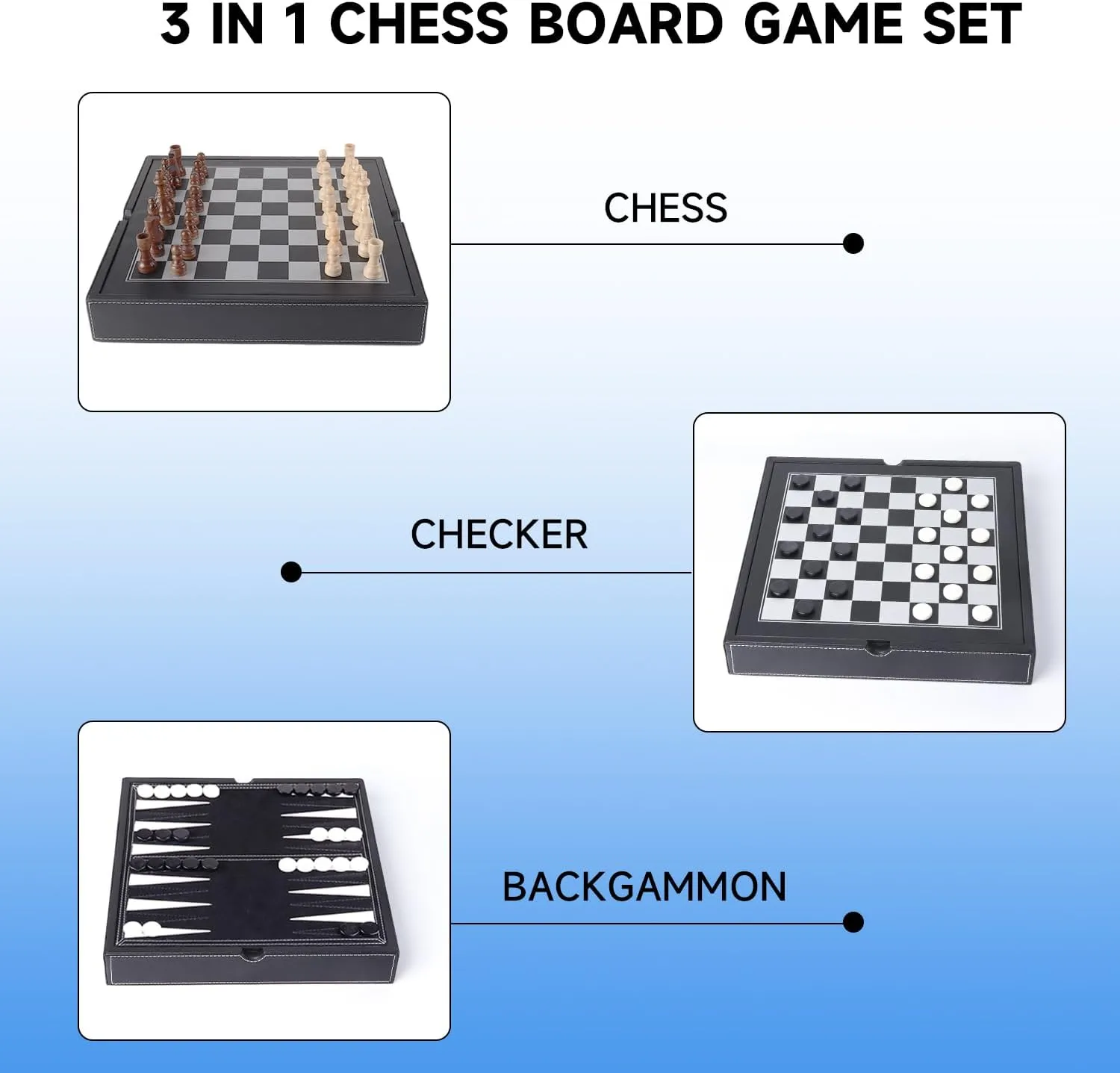 GSE Games & Sports Expert 12.5" Premium Leather 3-in-1 Chess, Checker and Backgammon Board Game Combo Set, Classic Board Strategy Game for Kids & Adults