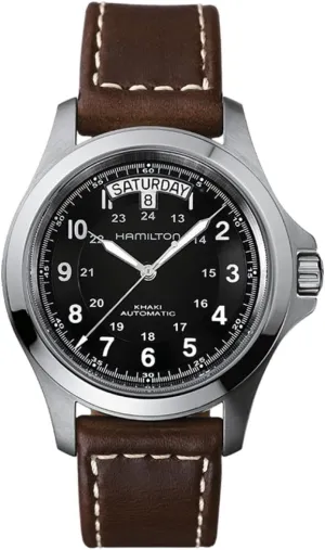 Hamilton Watch Khaki Field King Auto | Swiss Made | 40mm Stainless Steel Case | Black Dial Analog Watch | Brown Leather Strap (Model: H64455533)