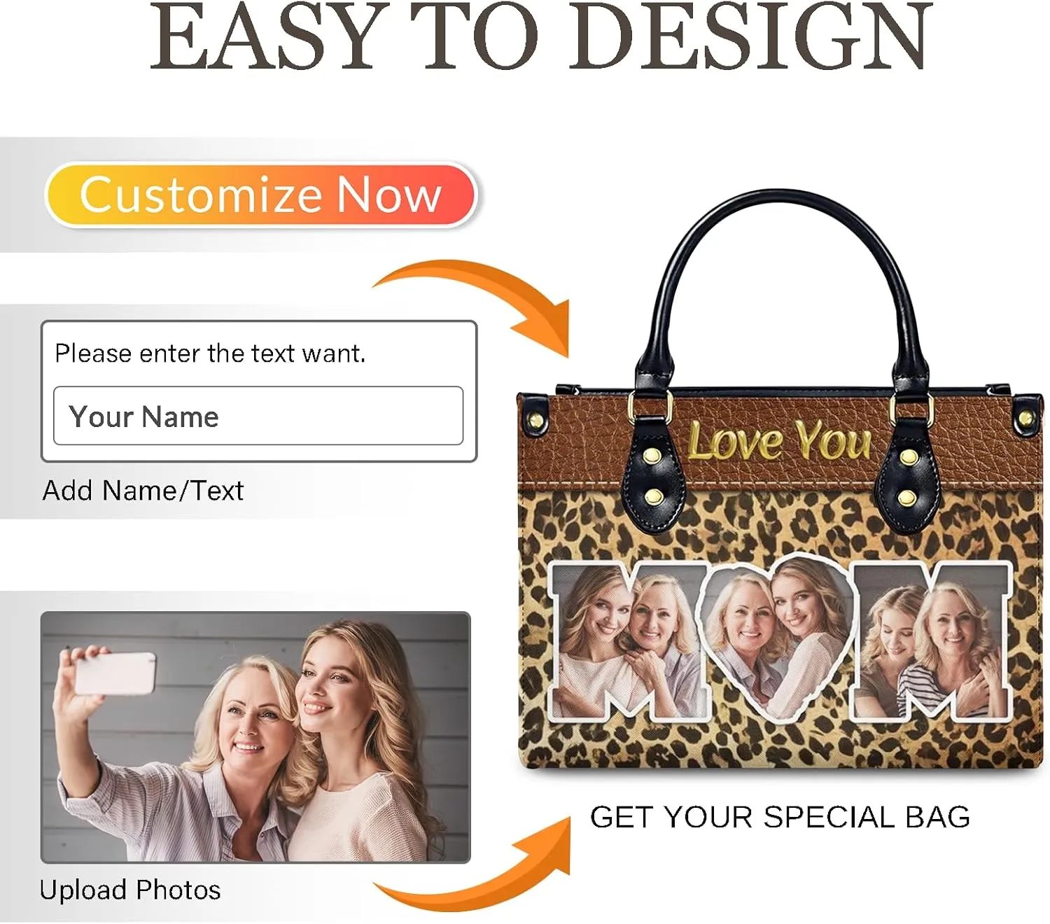 Handbag for Women, Custom Name Leather Tote Bag Gifts for Mom, Crossbody Purse for Shopping Work Business