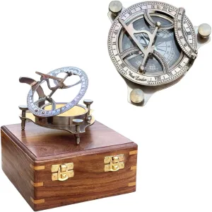 Handmade Brass Sundial Compass with Wooden Box, Vintage Style Navigation Working Compass, Decorative Maritime Gift