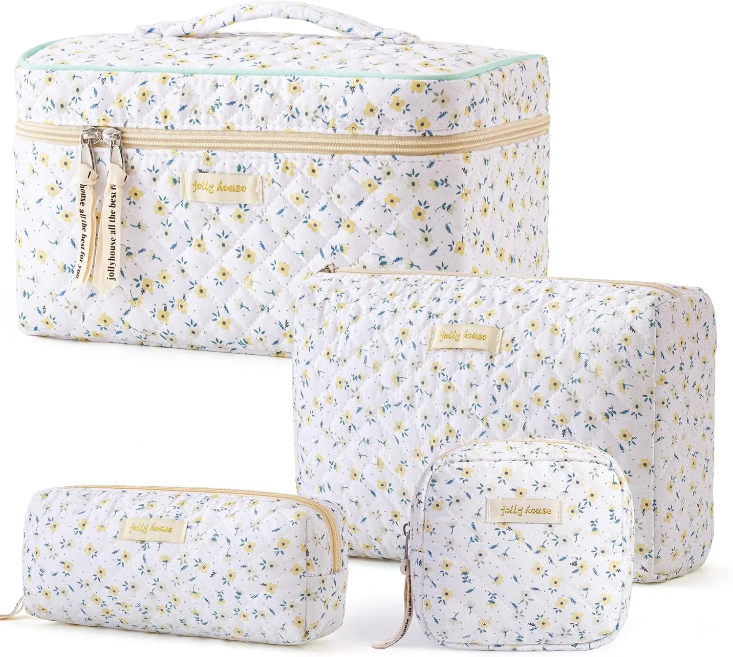 HBselect 4pcs Cotton Quilted Coquette Kawaii Floral Makeup Bag Aesthetic Cute Toiletry Bag Large Travel Cosmetic Coin Purse for Women Girls