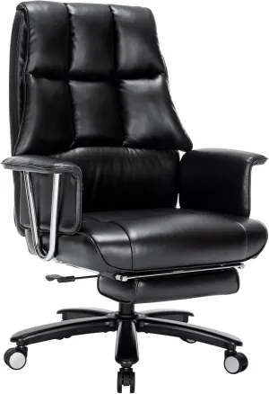 Heavy Duty Office Chair with Footrest, 400lbs-PU Leather Wide Thick Cushion Ergonomic Desk Reclining Chair for Heavy People (Black)