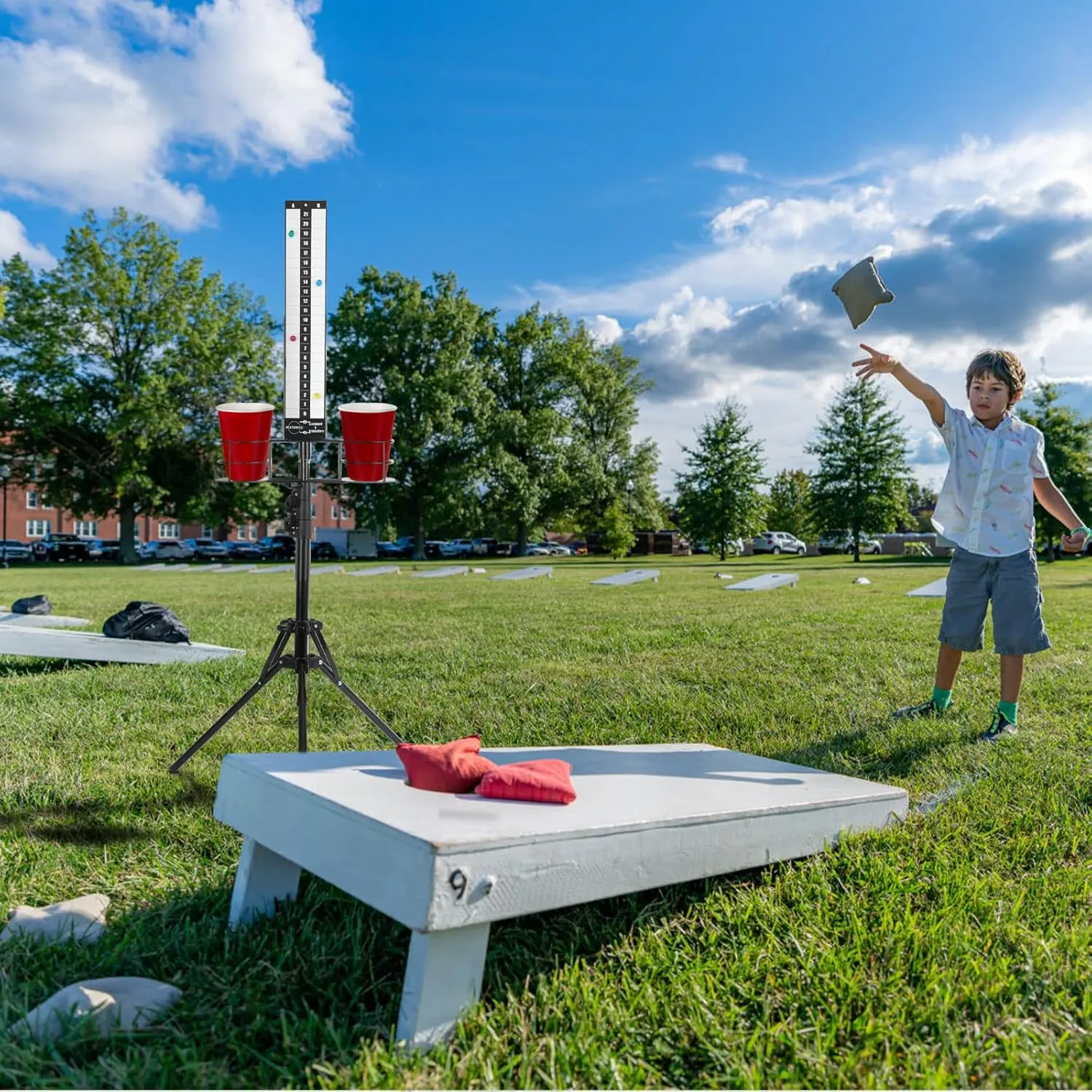 Hestiasko Cornhole Scoreboard, Metal Magnetic Score Keeper with Drink Holder, Easy to Assemble, Perfect for Outdoor and Patio Games