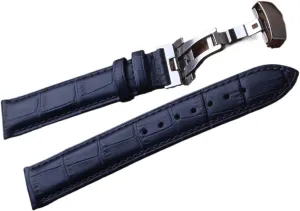 HFERHT Leather Genuine Watchbands Straps Dark Blue Silver Butterfly Buckles Clasp 14mm 15mm 16mm 17mm 18mm 19mm 20mm 22mm