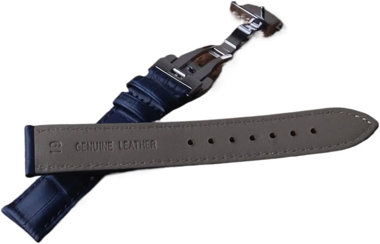 HFERHT Leather Genuine Watchbands Straps Dark Blue Silver Butterfly Buckles Clasp 14mm 15mm 16mm 17mm 18mm 19mm 20mm 22mm