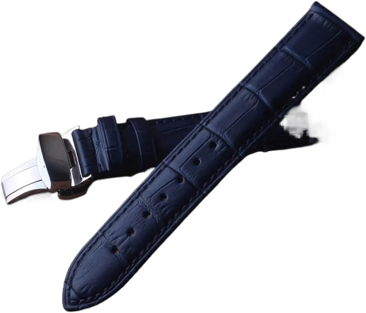 HFERHT Leather Genuine Watchbands Straps Dark Blue Silver Butterfly Buckles Clasp 14mm 15mm 16mm 17mm 18mm 19mm 20mm 22mm