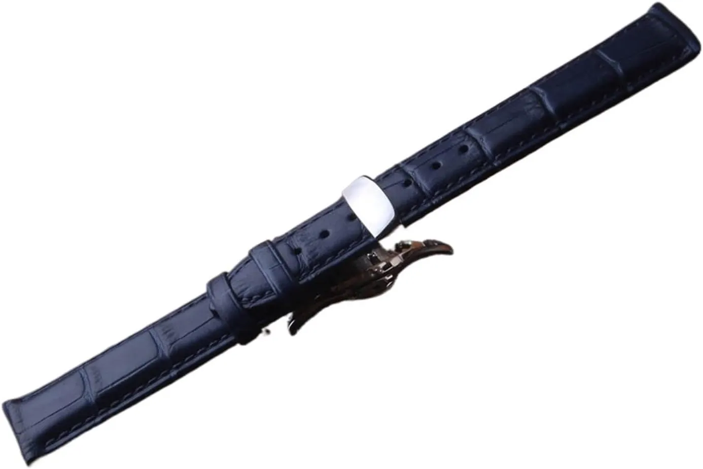 HFERHT Leather Genuine Watchbands Straps Dark Blue Silver Butterfly Buckles Clasp 14mm 15mm 16mm 17mm 18mm 19mm 20mm 22mm