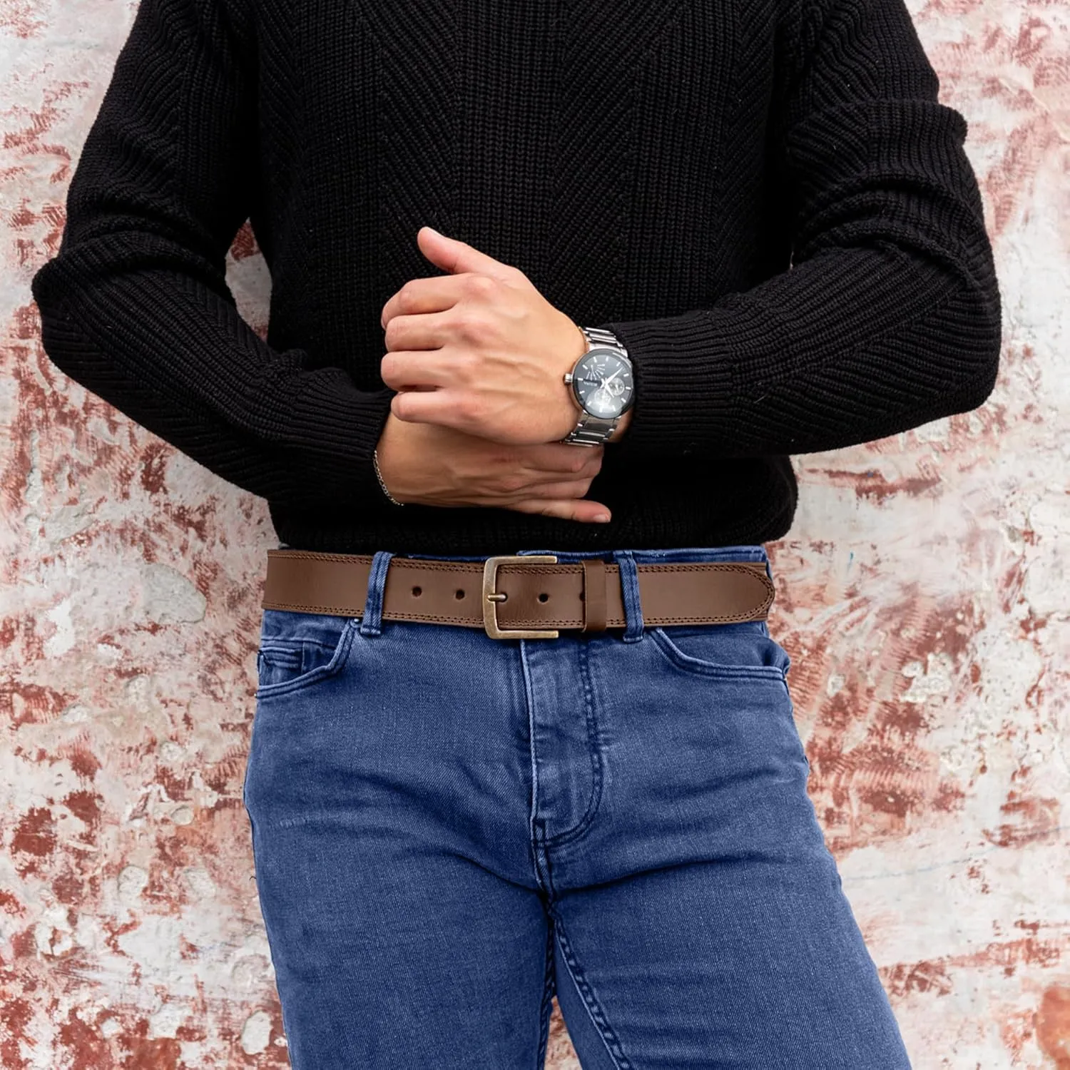 Hide & Drink, Rustic Handmade Full Grain Leather Men's Belt, Two Row Stitch Stylish Design - Everyday Belts for Men