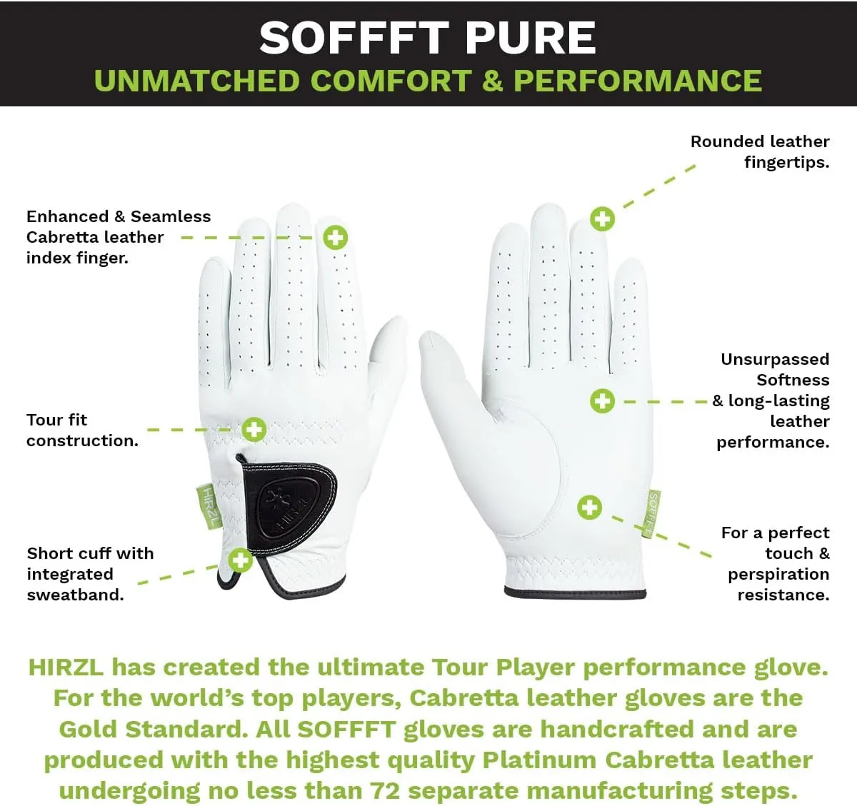 HIRZL Men's Golf Glove, Soffft Pure, Tour Performance, Cabretta Leather, Extra Thin, Velvet, Silk Feel, Long Lasting, Soft & Supple, Sweat Resistance, Water Absorption, White