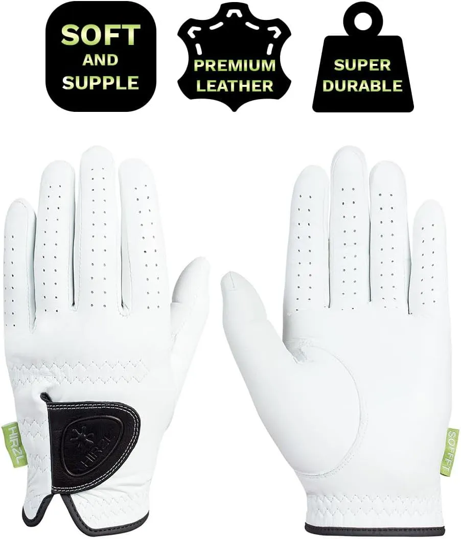 HIRZL Men's Golf Glove, Soffft Pure, Tour Performance, Cabretta Leather, Extra Thin, Velvet, Silk Feel, Long Lasting, Soft & Supple, Sweat Resistance, Water Absorption, White